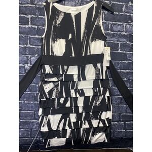 NWT Studio I Dress Women 16 Black White Abstract Tiered Ruffle Sleeveless Party